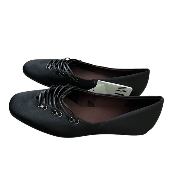 ZARA Satin Effect Ballet Flats Black Size 6.5 Crisscross Lace-Up Chic Trendy - Picture 5 of 8